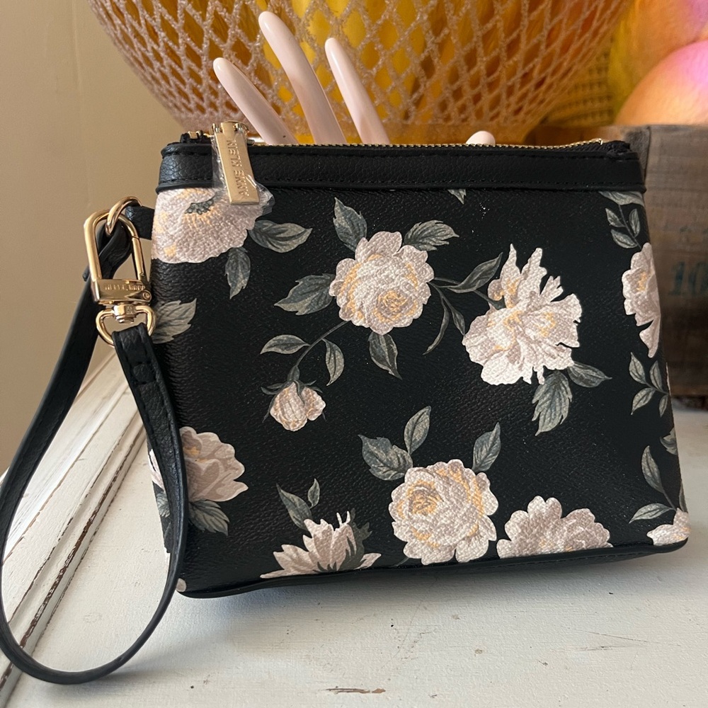 New Anne Klein Floral Wristlet Clutch - Black with Cream Roses